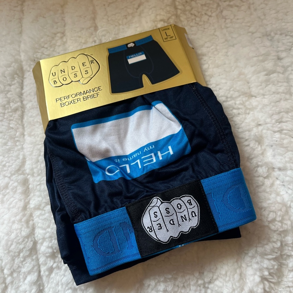 Under Boss Blue and White Boxer Briefs Hello My Name Is